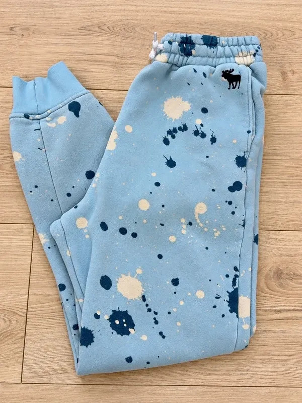 Abercrombie Kids Paint Splatter Fleece Joggers 15/16 Blue Moose Logo Sweatpants