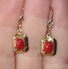 Italian 14K Gold Over Sterling Red Coral Square Lever Back Earrings