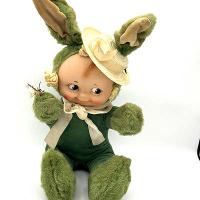 Vtg 1950s KNICKERBOCKER Kewpie Rubber Face Doll Green Bunny Suit Wired Ears-READ