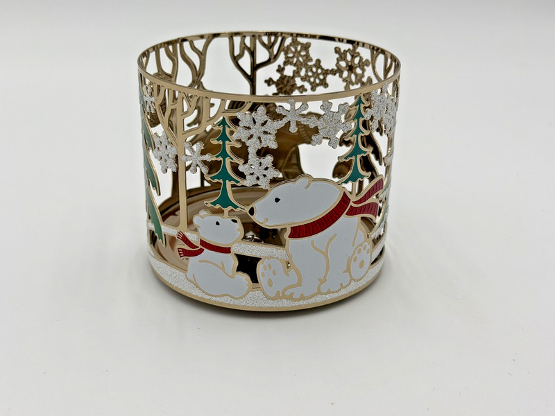 BATH & BODY WORKS POLAR BEARS 3 WICK CANDLE HOLDER GOLD CHRISTMAS DECOR