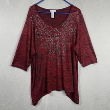 Catherines Top Womens Plus 1X Red Floral 3/4 Sleeve Round Neck Stretch Preppy