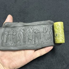 Ancient Jade Stone Roman kings And Animal Intaglio Rare Cylinder Seal Bead