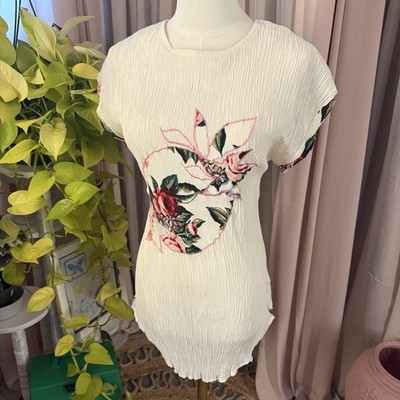 Vintage Adam Tala Boho Floral Embroidered Crinkle White Short Sleeve Blouse Sz S