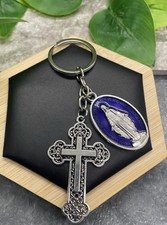 4.125 Silver-Tone Cross Mary Medallion Keychain Backpack New Free Ship B8386
