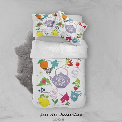 3D Tea Set Fruit Butterfly Illustration Quilt Cover Set Bedding Sets Pillowcases