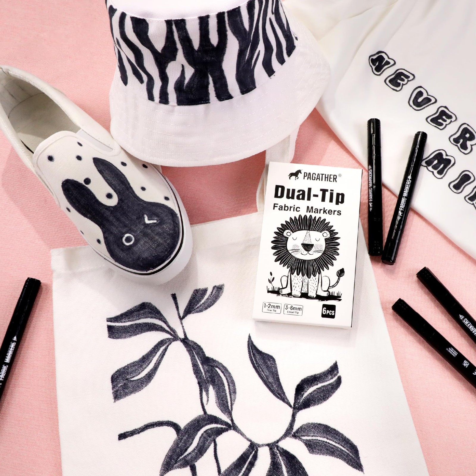 Fabric Markers Permanent for Clothes 6 Pack Black Dual Tip with Fine and Chis...