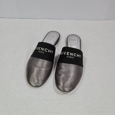 GIVENCHY Damen Pantoletten Schwarz Silber Bedford 36,5 EU /3,5UK Leder Slipper Flach