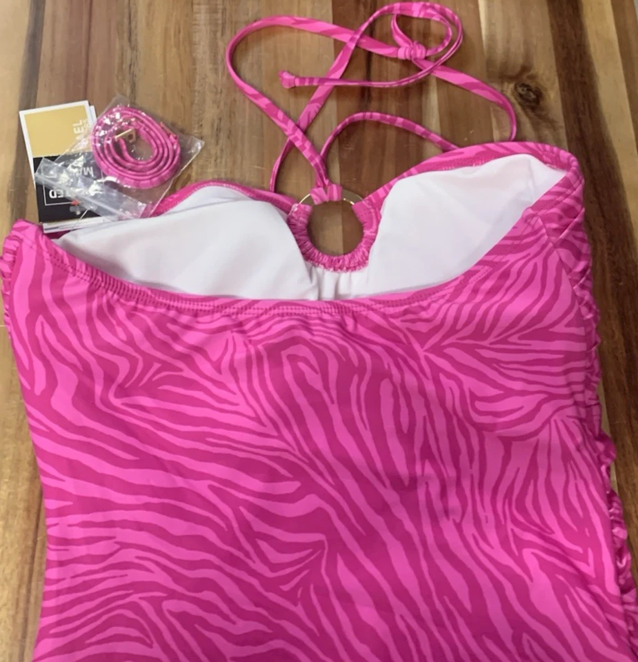 Traje de baño Michael Kors talla 12 estampado animal halter de una pieza rosa nuevo Foto 4 de 4