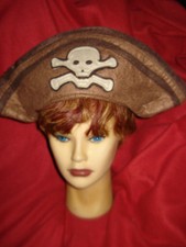 Pirate Hat - Brown Felt with Skull  Crossbones - Tri-Corn Buccaneer Hat