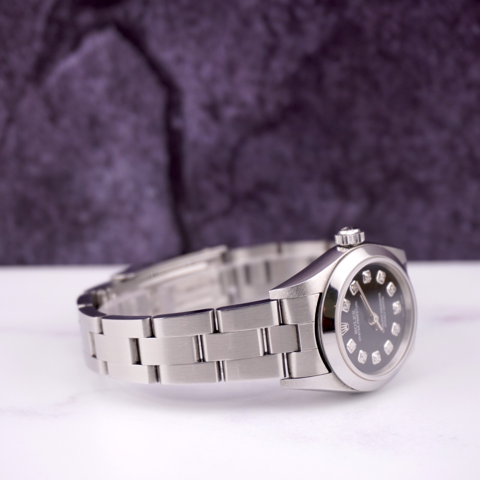 Rolex Oyster Perpetual Orologio Donna 25mm Acciaio Nero Diamanti Liscio foto 3