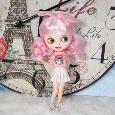 Blythe doll Make up smiling face Pink white hair from Factory Joint Body 12''