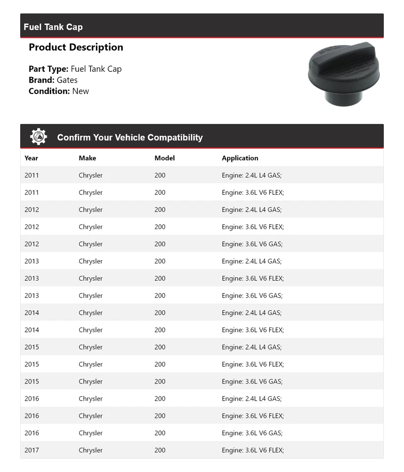 Tapa del tanque de combustible para Chrysler 200 2011-2017 puertas 2012 2013 2014 2015 2016 Foto 2 de 4