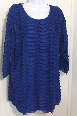 Essentials Womens 2X Ruffled Layered Blue Top 3/4 Sleeves Round Neckline
