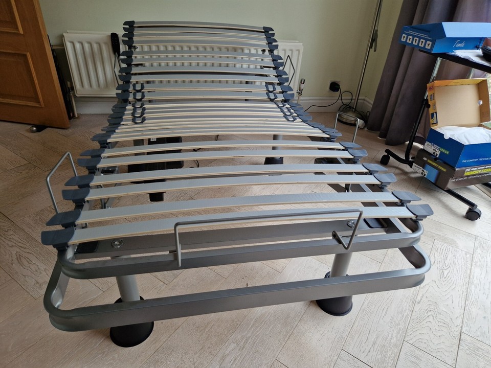Adjustable bed frame, with electric remote control, mattress and riser