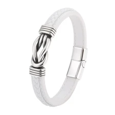 Men's Leather Braided Silver Bracelet Wristband Stainless Steel Wrist Bangle