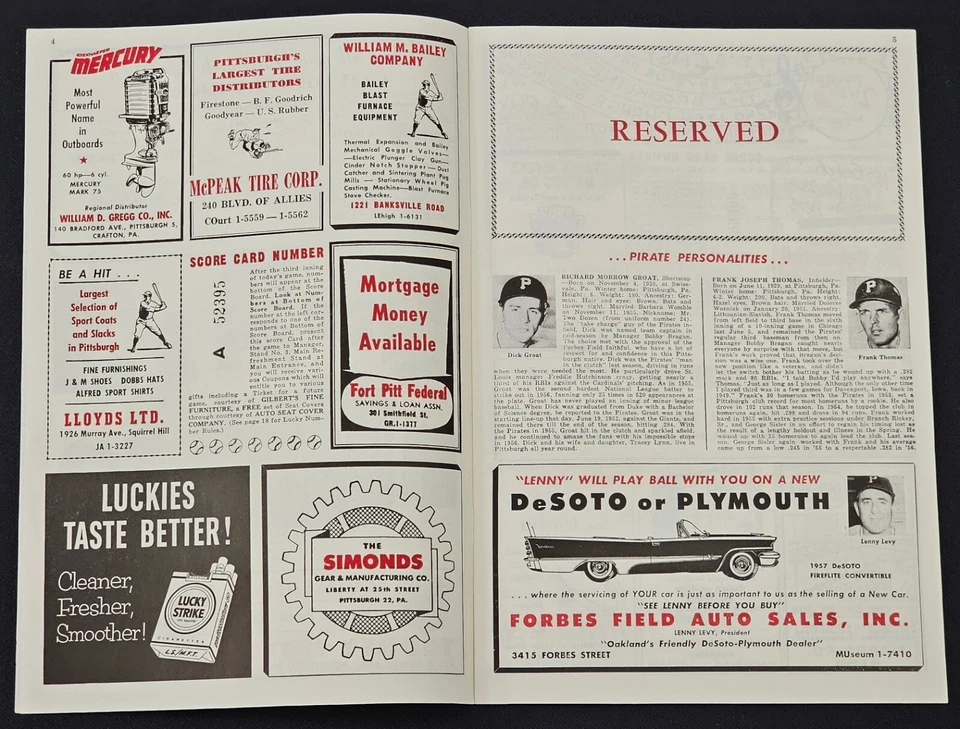 1957 SEASON - PITTSBURGH PIRATES vs PHILADELPHIA PHILLIES - SCORECARD - CLEMENTE - Image 4 of 4