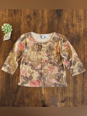 Take Two | VTG Y2K Sequinned Floral Top, Earthy Boho Fairycore 3/4 Sleeve, Sz. L