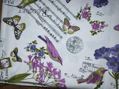 Dekostoff Vintage Collage 1,80m x 1,40m Vögel Noten Stempel Schmetterlinge Bunt