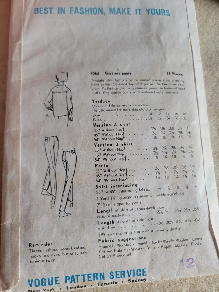 1960's VOGUE Misses' Shirt and Pants Sewing Pattern 5984 Size 14 - Image 2 of 2