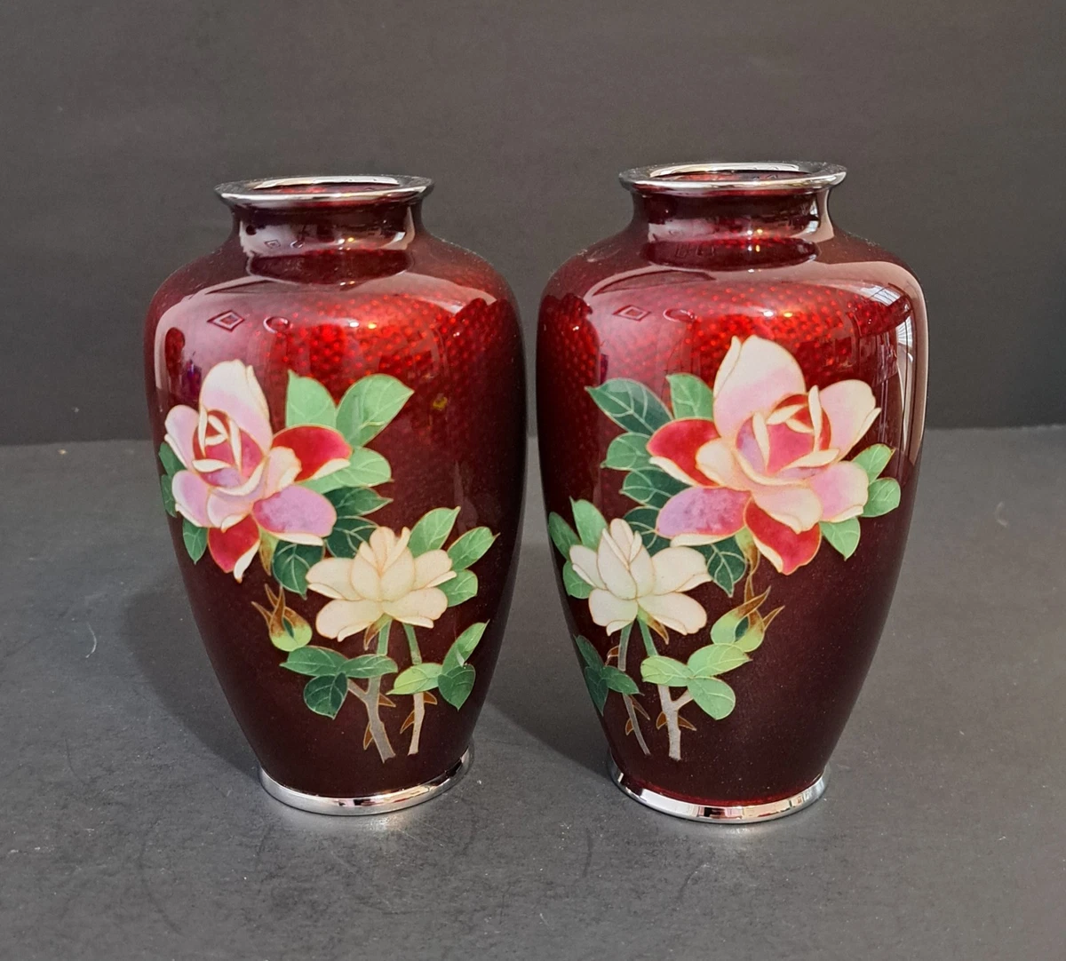 红色景泰蓝日本古董花瓶| eBay