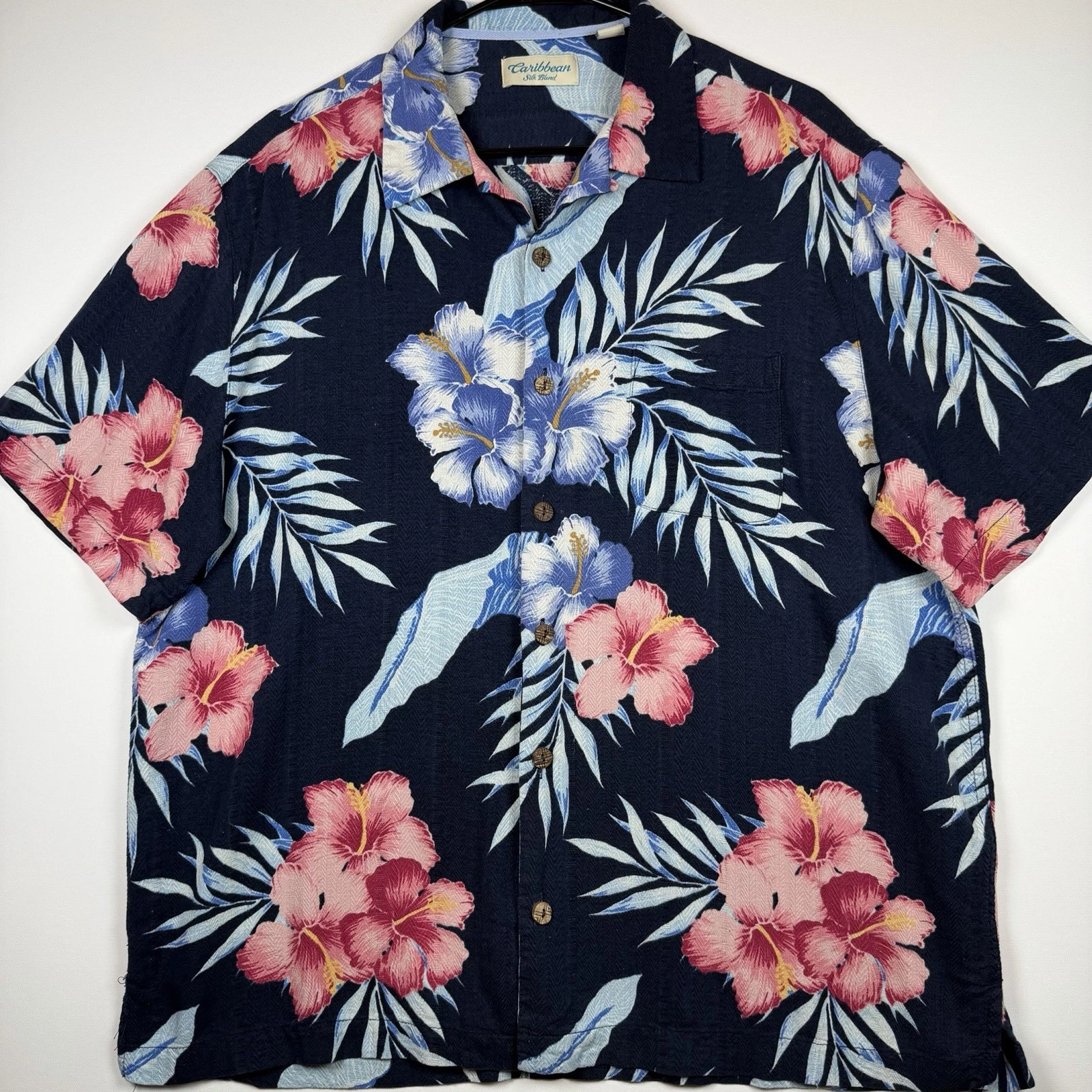 Caribbean Men Hawaiian Camp Shirt XL Pattern Match Silk/Rayon Tropical Aloha