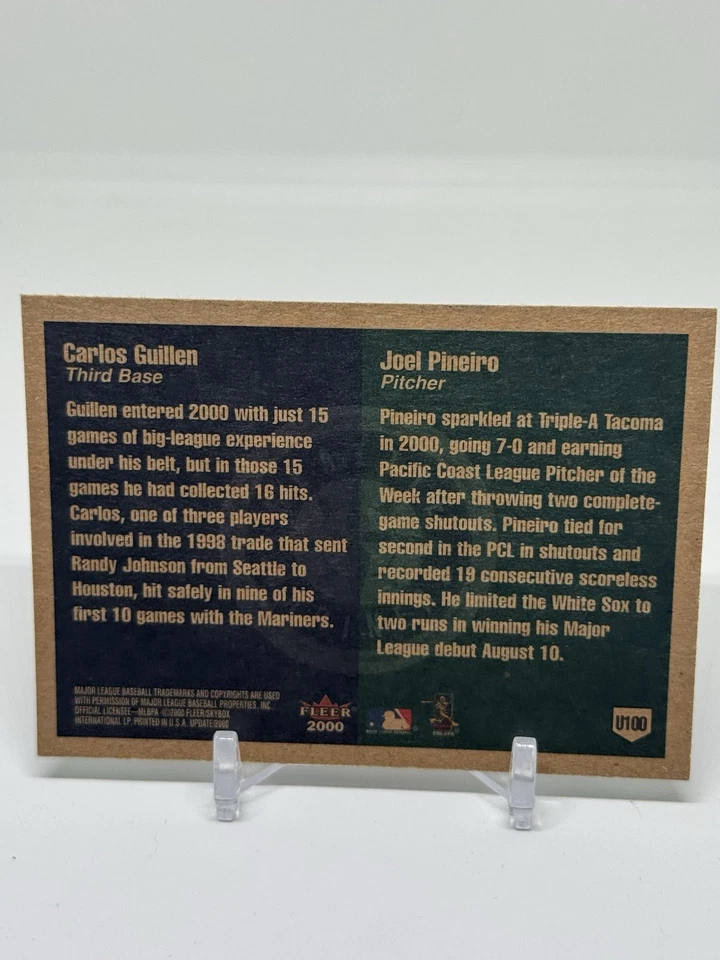 Fleer Tradition 2000 actualización Joel Pineiro Carlos Guillén RC #U100 doble firmado Foto 2 de 2