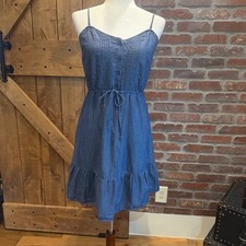 Old Navy Chambray Sundress XS Blue Button Front Ruffle Hem Adjustable Straps