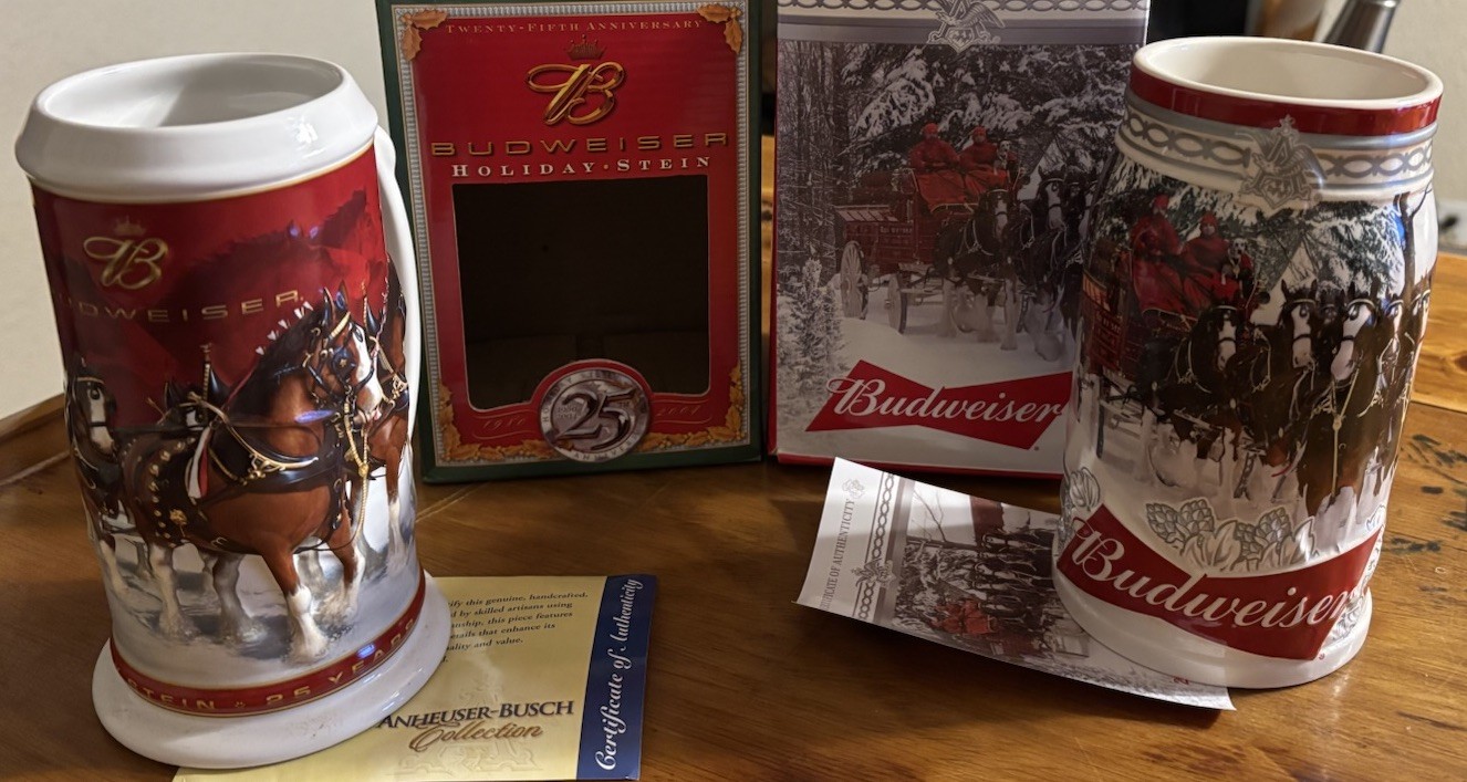 (2) Budweiser Holiday Steins 04’ 25th Anny + 2017 GEM In boxes With COAs