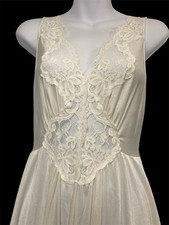Vintage Miss Elaine Long Nightgown M Ivory Lace Inset Sleeveless Nylon