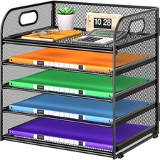 5 Tier Paper Organizer with Handle, Black Metal Mesh Desk Organizer File Fold...
