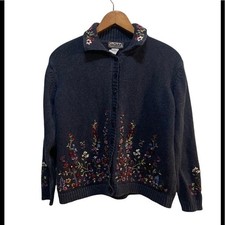 Vintage Tiara International Button Up Floral Cardigan  Navy Blue Women's Medium