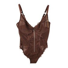 New NWT Shapellx Lace Glamour Flawless Zip Front Thong Bodysuit Brown XL