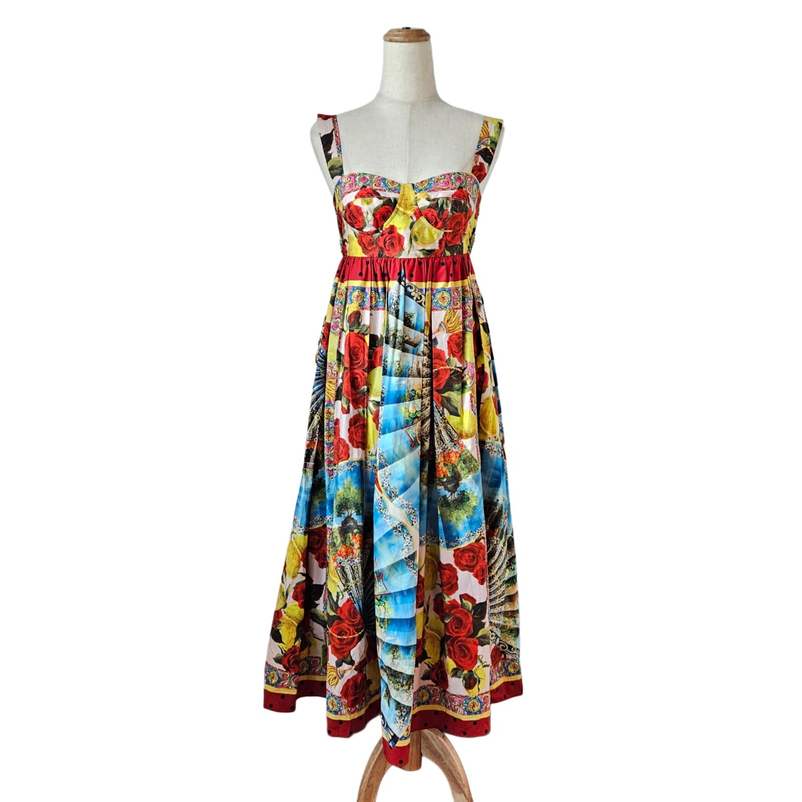 Dolce & Gabbana Multicolor Roses Fan Print Majolica Poplin Mide Woman Dress
