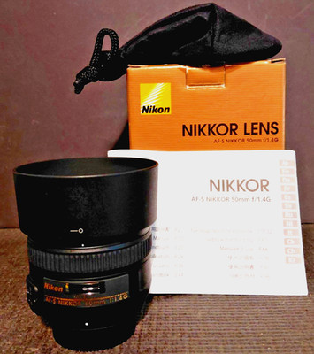 Nikon AF-S 50mm F/1.4 G Prime Lens W/Pouch, Hood, Caps, Manual In Original Box