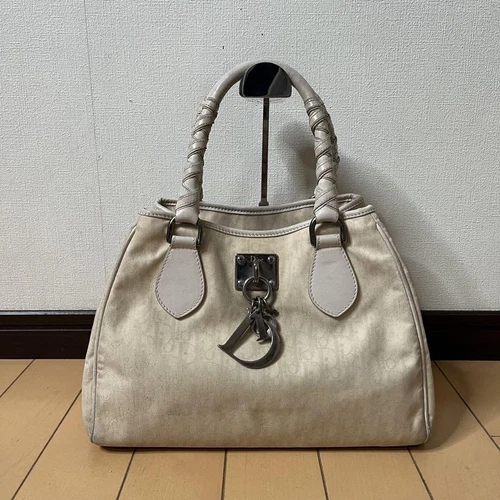 Christian Dior sac à main fourre tout sac à main trotteur cuir toile ivoire authentique