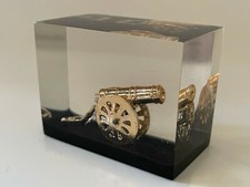 Vintage Gold-Tone CANNON in LUCITE Paperweight Made in HONG KONG Very Nice 