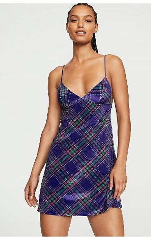 UNDERCOVER NUOVO Victoria's Secret XS abito slip in velluto blu a quadri camicia da notte
