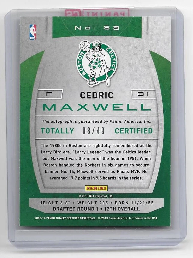 2013-14 Pacific Totally Certified Blue Signatures 33 Cedric Maxwell 08/49 SEALED - Image 2 of 2
