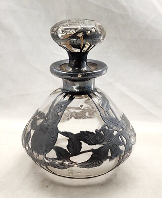 ALVIN Antique Crystal w/ Fine Silver Overlay Steuben Shape 5'' PERFUME BOTTLE