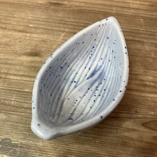 Vintage Art Pottery Blue White Trinket Dish Salt  Cellar Cobalt Speckled Signed