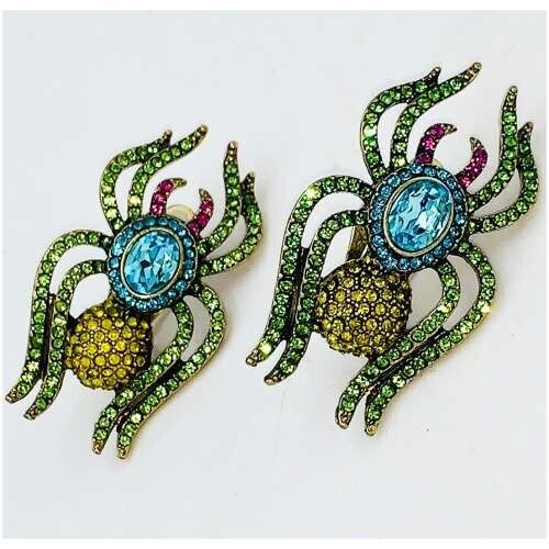 Heidi Daus® “Sticky FInger" Clip on Blue Green Crystal Pave Spider Earrings