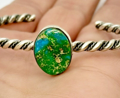 Navajo Stacker Sonoran Gold Turquoise Twisted Bracelet 6.25'' Sterling by E Tahe