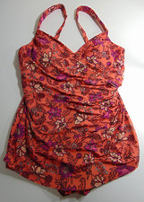 Lands End Slendersuit One Piece Skirted Swimsuit 14 Coral Floral Tummy Control