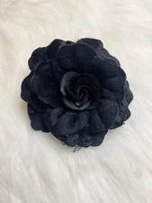 Camellia Flower Brooch Pin Scarf Clip Black New Handmade 4” X 4”