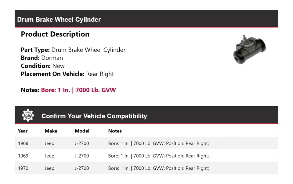For 1968-1970 Jeep J-2700 Dorman Drum Brake Wheel Cylinder Rear Right 1969 - Image 2 of 4