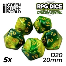 5x D20 20mm Dice - Green Swirl Dungeon Wargames compatible with DnD RPG infinity