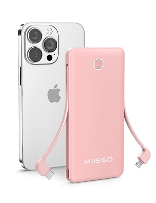 MIISSO 10000mah Ultra Slim Built in 4 Output,C Cables Power Bank Pink