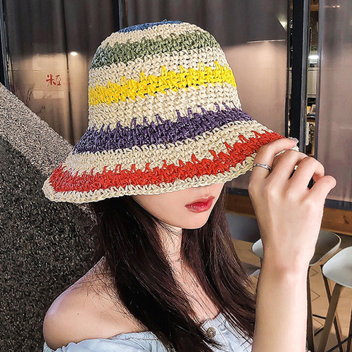 Women Straw Bucket Bush Hat Foldable 