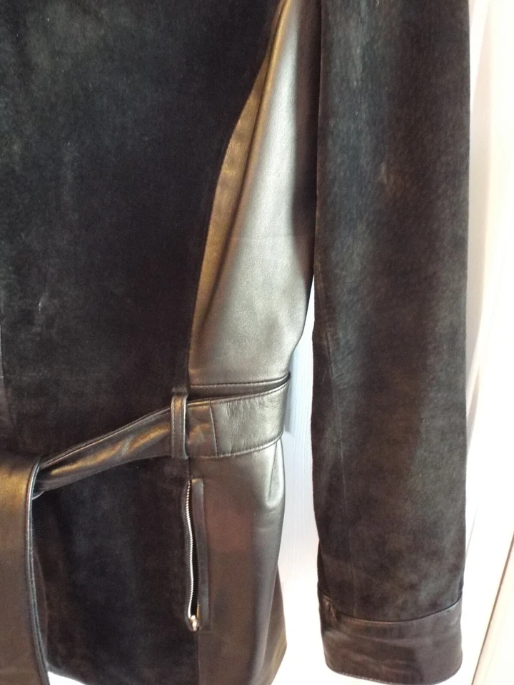 Georgiou Studios Black Leather & Suede Car Short Coat Belted Size 8 - Image 4 of 4