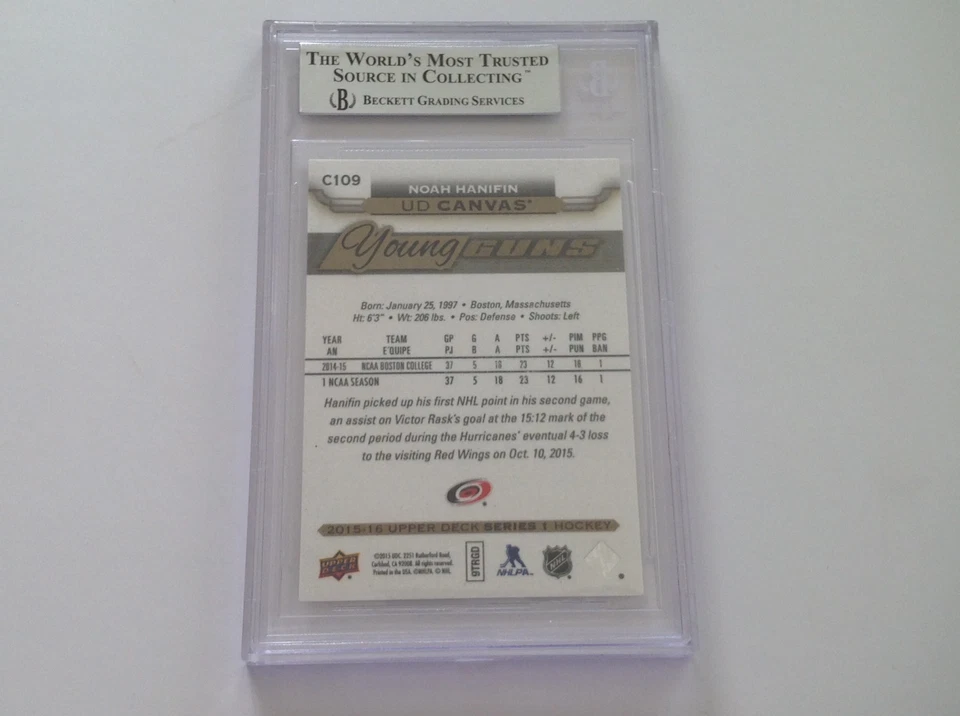 Noah Hanifin Signed 2015/16 Young Guns Canvas RC Card Slabbed Beckett BAS BGS a - Image 2 of 2